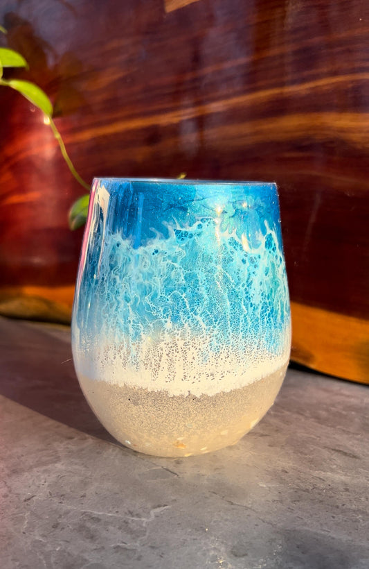 WHOLESALE- Blue Beach Made w/ Real Sand - 20 oz. Stemless Wine Glasses