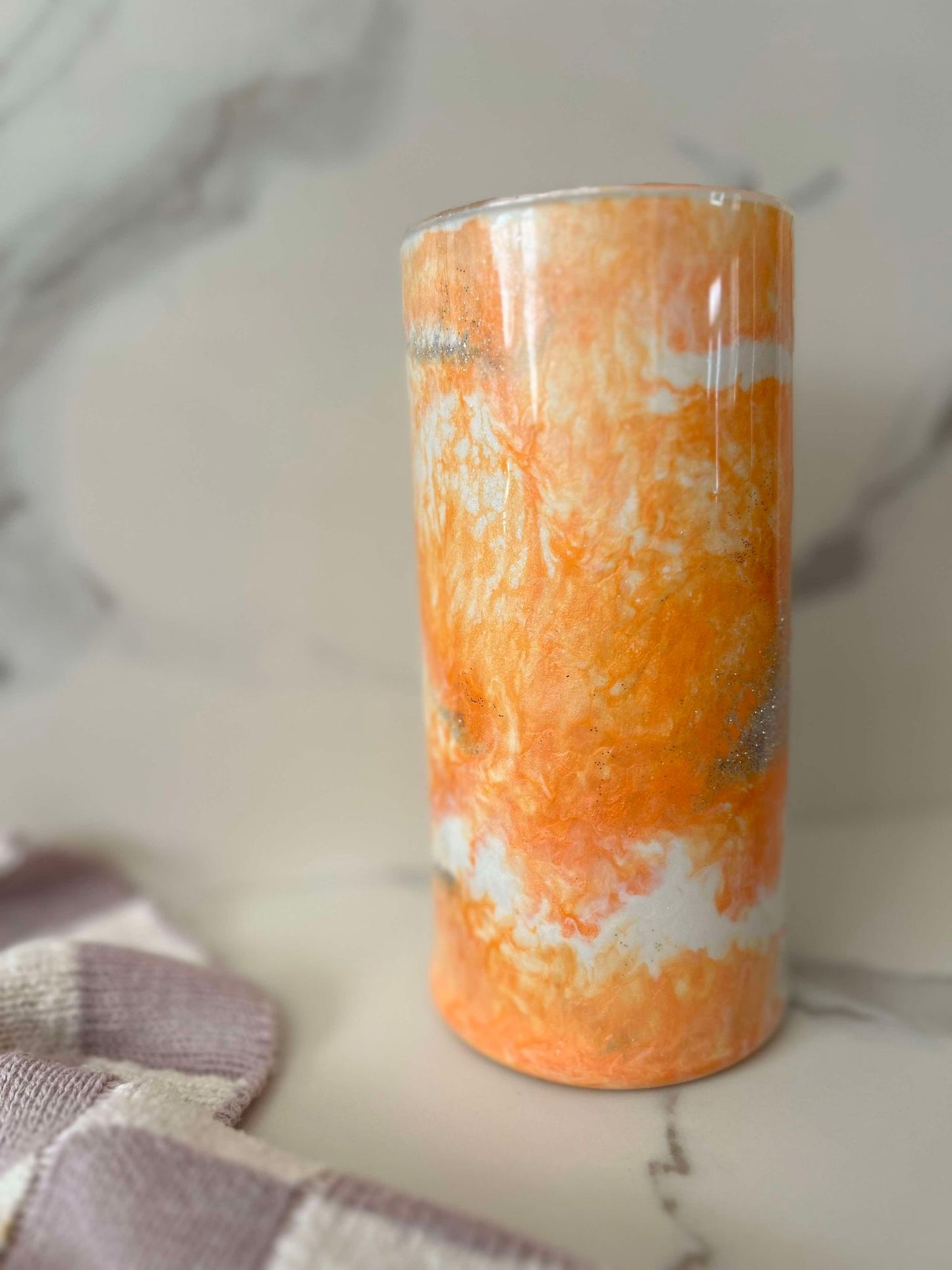 Ready to Ship - Orange White Silver Glitter Vase 7''x 3.25''