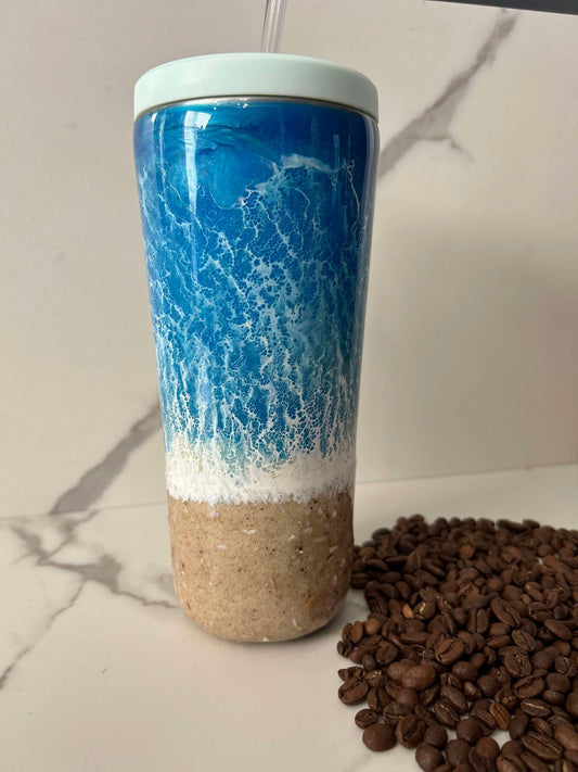 *Flawed* Ready to Ship - 24 oz. Insulated Tumbler w/ Straw- Blue beach inspired made with real sand and shells