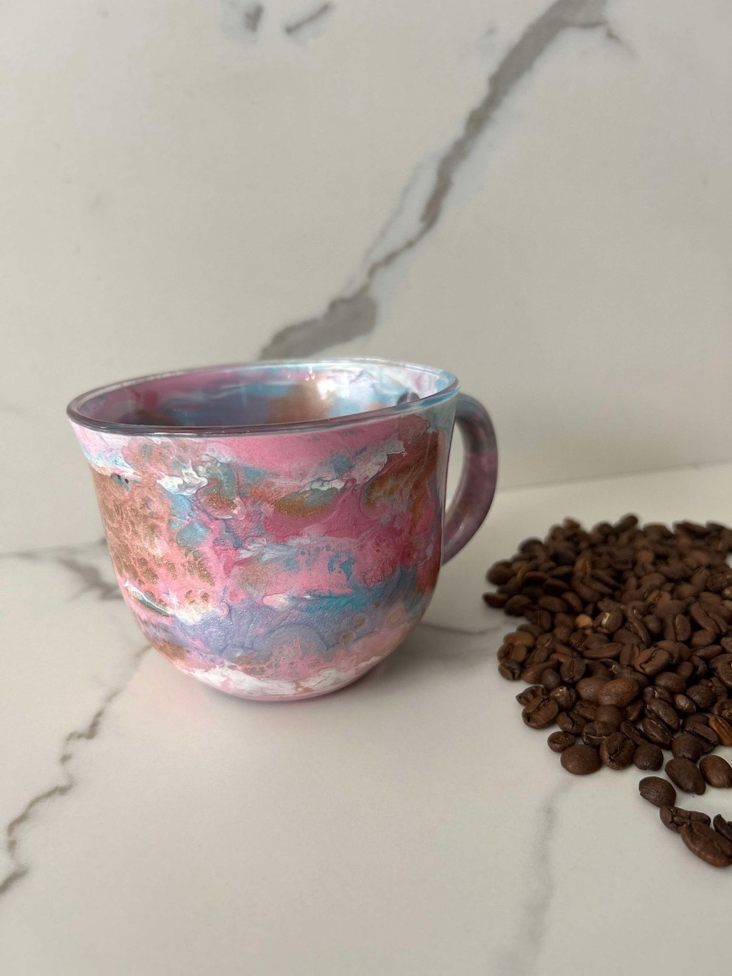 Ready to Ship - 16 oz. Bubblegum pink, light blue cotton candy swirl coffee mug