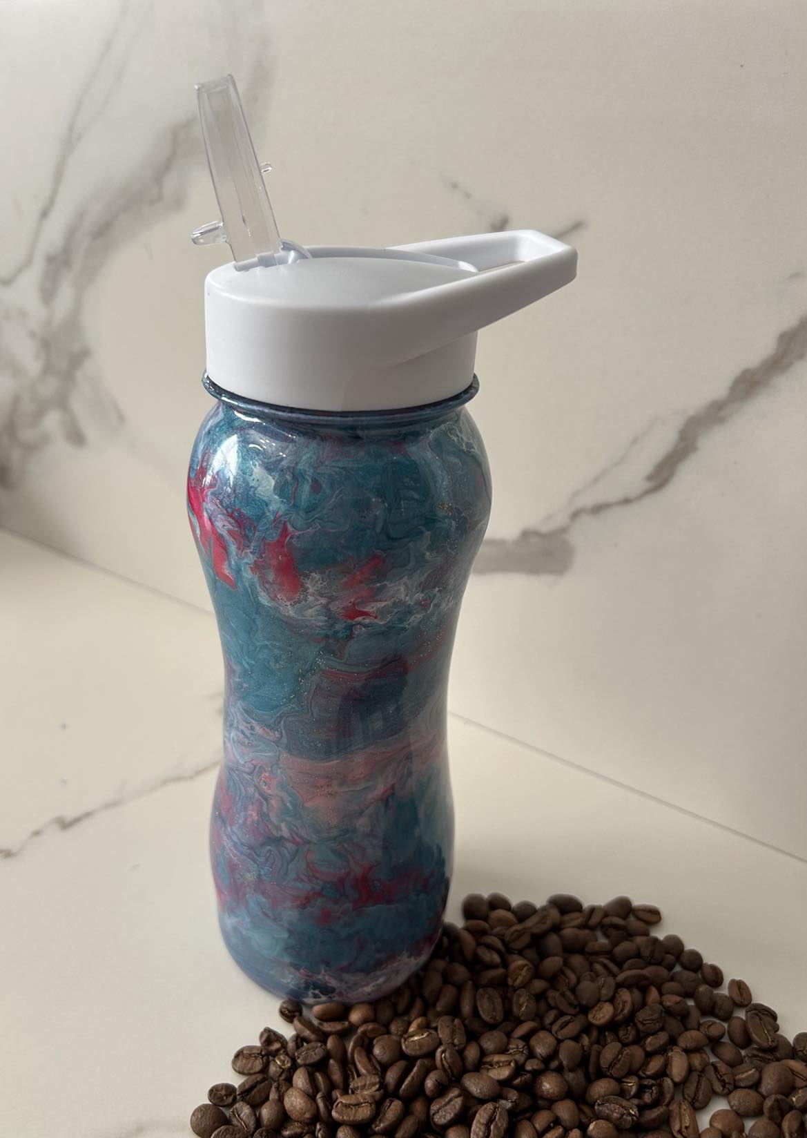 Ready to Ship - 24 oz. Teals, Purples, Pink Glitter Swirl Plastic Water Bottle w/ straw attached