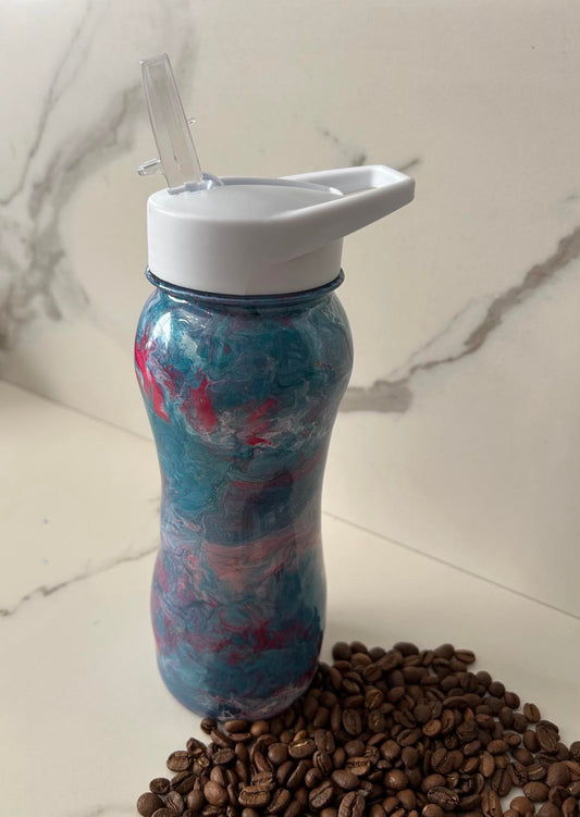 Ready to Ship - 24 oz. Teals, Purples, Pink Glitter Swirl Plastic Water Bottle w/ straw attached