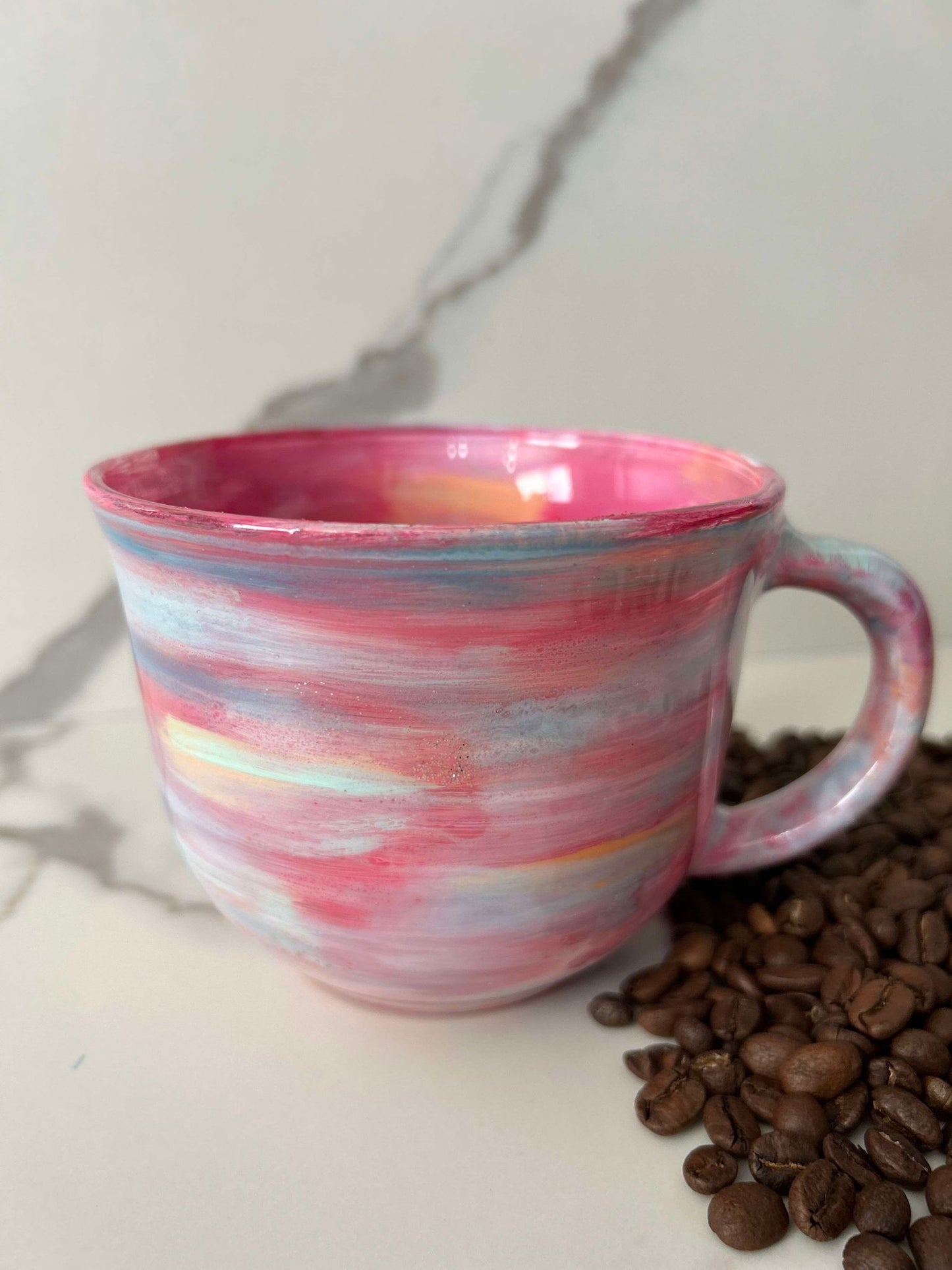 *FLAWED* Ready to Ship - 16 oz. Colorful Swirl Coffee Mug - Pink, Teal, Orange, White w/ some glitter