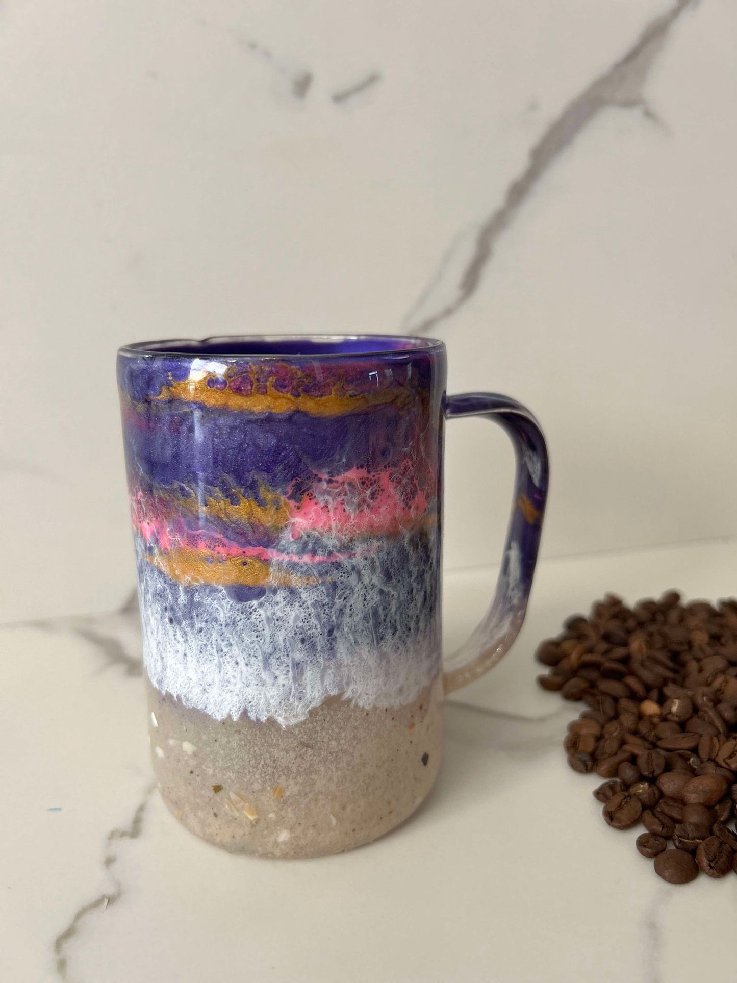 Ready to Ship -16 oz.  Purple Pink gold beach inspired coffee mug