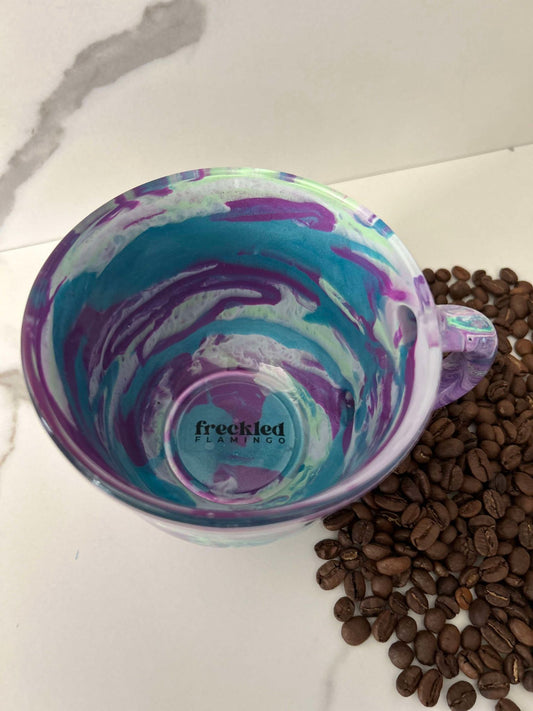 Ready to Ship - 16 oz. Colorful Swirl Coffee Mug -  Purple, Teal, White w/ a splash of lime green