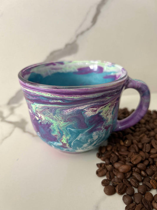 Ready to Ship - 16 oz. Colorful Swirl Coffee Mug -  Purple, Teal, White w/ a splash of lime green