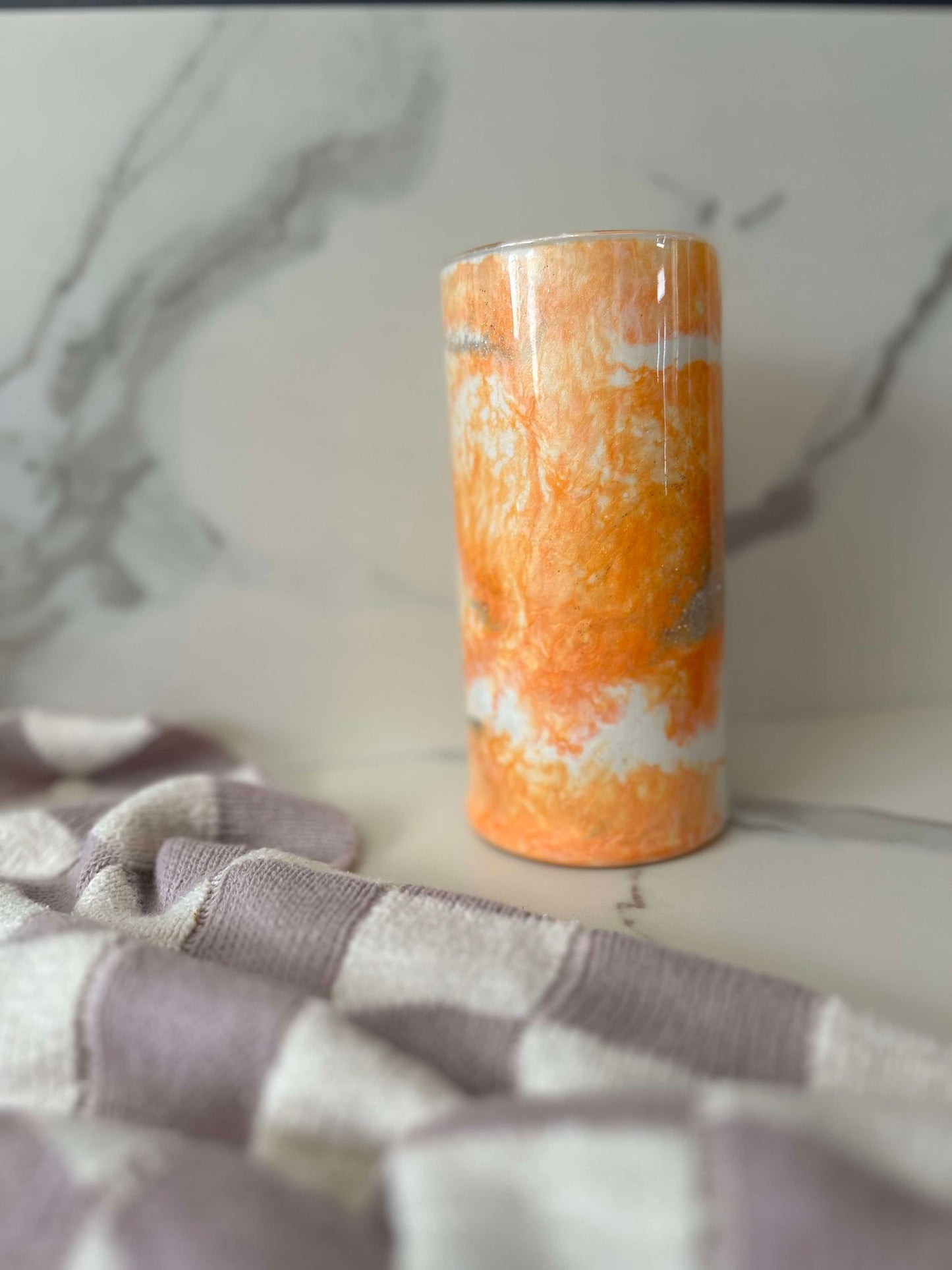 Ready to Ship - Orange White Silver Glitter Vase 7''x 3.25''