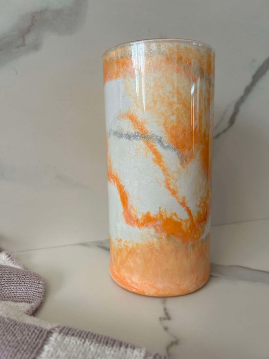 Ready to Ship - Orange White Silver Glitter Vase 7''x 3.25''