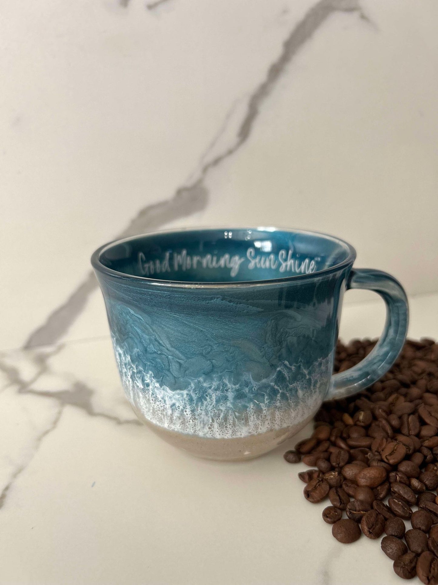 *FLAWED* Ready to Ship - 16 oz Dark Ocean Blue Personalized w/ Good Morning Sunshine Coffee Mug