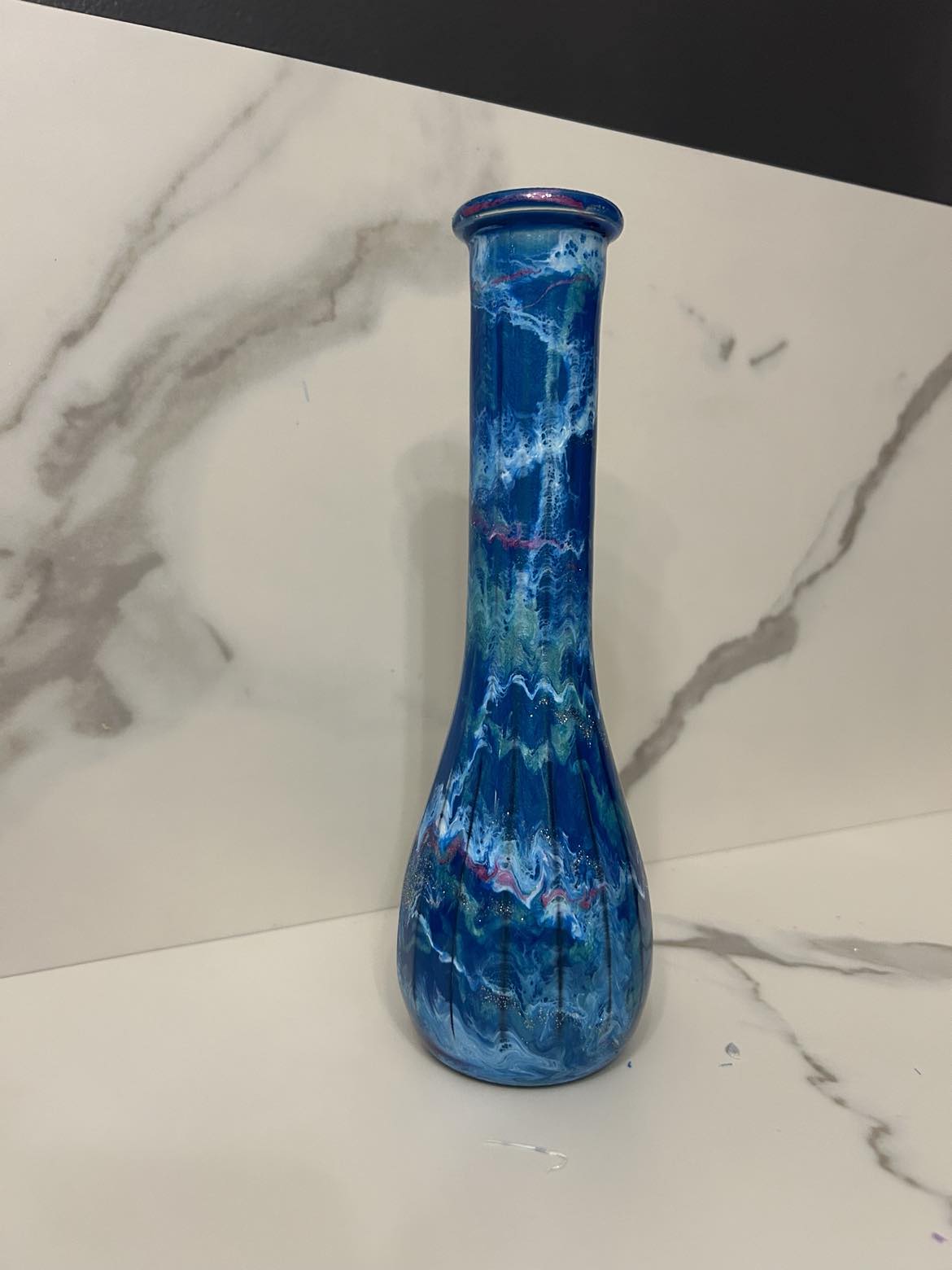 Ready to Ship - Blue Flower Vase with a splash of white, pink, teal & silver glitter